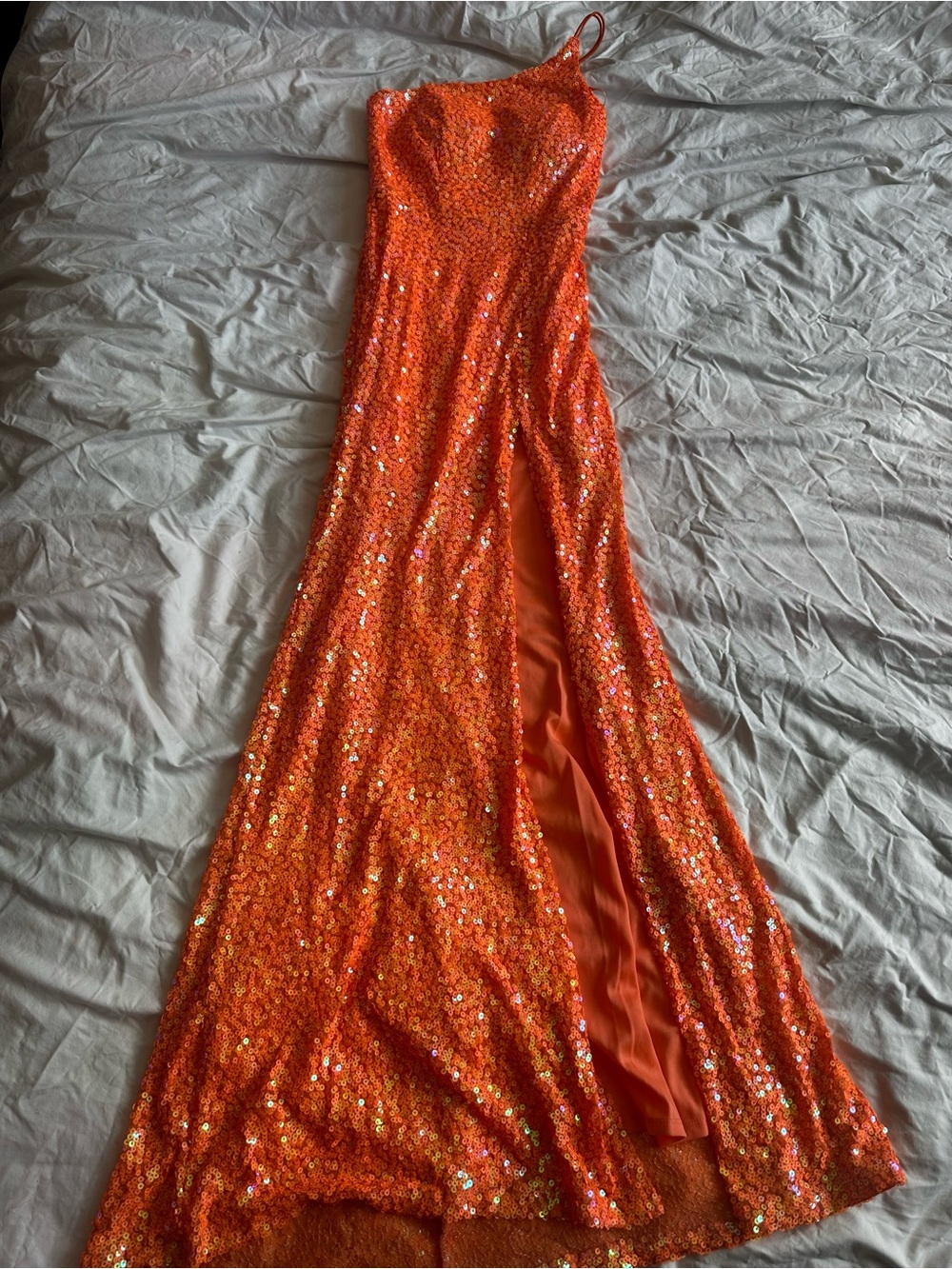 Crystal Doll Glamorous One Shoulder Sequin Evening Gown Orange Size US 0 - Picture 2 of 12